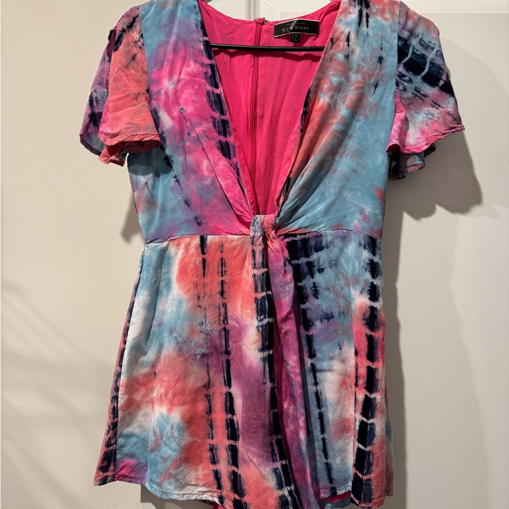 Blue Blush Tie-Dye V-Neck Dress - Pink and Blue